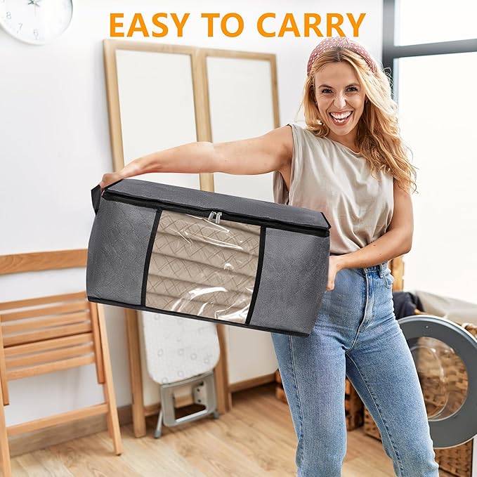 8 Pack Clothes Storage Bags with Zipper, 45L Foldable Blanket Storage Bag with Clear Window Sturdy Handles for Closet, Dorm, Pillows, Bedding, Sheet, Comforter, Gray