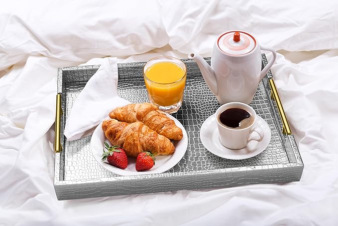 ATZYmolin 17" x 12" Wood Serving Tray with Gold Polished Metal Handles, Home Decorative Wooden Rectangle Ottoman Leather Decor Platter Bathroom Vanity Tray for All Occasions Alligator Silvery