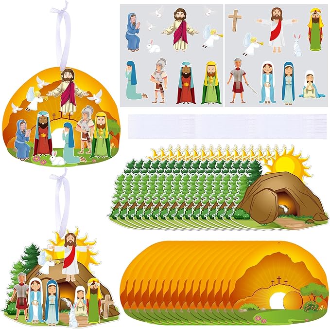 Civaner Make an Easter He Lives Sticker Scenes Religious Easter Stickers Craft Kit for Kids Resurrection Stickers Tree Ornaments Office Christian Jesus Stickers He is Risen Hanging DIY Art(32 Sets)