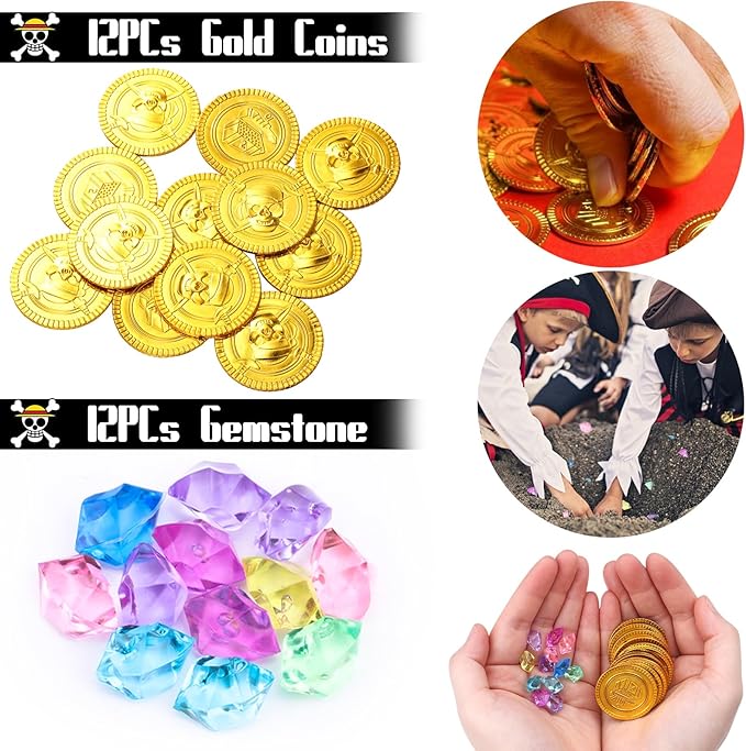96PCS Pirate Party Favors Supplies Pirate Gold Coins Pirate Gem Pirate Keychain Rings Bracelets Pirate Eye Patch Mustache Tattoos for Birthday Party Goodie Bag Fillers