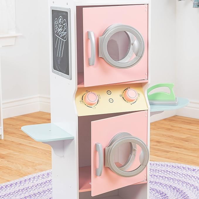 KidKraft Laundry Playset Children's Pretend Wooden Stacking Washer and Dryer Toy with Iron and Basket, Pastel, Gift for Ages 3+
