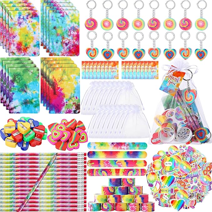 178 Pcs Tie Dye Party Favors Bulk Rainbow School Stationery Set with Slap Bracelets Mini Notebooks Stickers Pencils Heart Eraser Sharpener Keychains for Kids Students Class Reward Prize Supplies