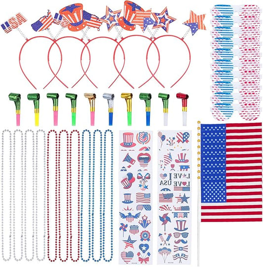 65-Piece 4th of July Party Supplies Set - Patriotic Headbands, Necklace, Shutter Shades, Flags, Tattoo Stickers