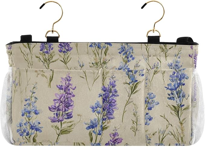Bluebonnet Lavender Bedside Caddy for Dorm Bed Bedside Hanging Caddy Bag Iron Frame Storage Organizer Pocket for Bunk Home College Hospital Beds 2 Hooks