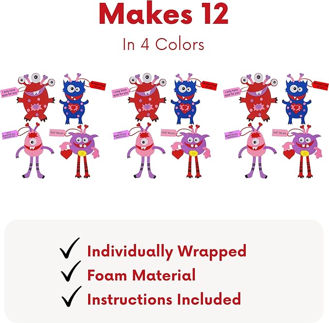 4E's Novelty Valentines Monster Craft Ornament (12 Pack) Foam Valentines Day Crafts for Kids Classroom DIY Card Activity Bulk - Individually Wrapped