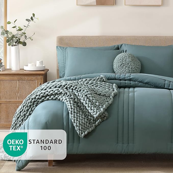 Monbix Oversized Queen Size Comforter Set - 7 Pieces Bed in a Bag, Blue Green Bedding Sets with Comforter, All Seasons Comforter Bed Set with Sheets, Pillowcases & Shams