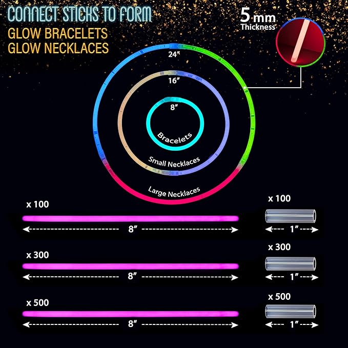 GemPrime 100 Pcs Glow Sticks Bulk Party Pack – 8” Glow in the Dark Party Supplies & Party Favors Pack for Glow Bracelets & Glow Necklaces – 100 Connectors for Christmas, Concerts & Birthdays