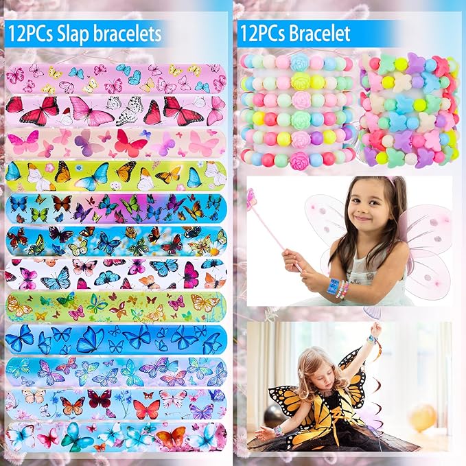 196Pcs Butterfly Party Favors Butterfly Birthday Party Supplies Tattoos Stickers Bracelets Necklaces Rings Whistles Keychains Fairy Party Favors for Girls Birthday Party Favor