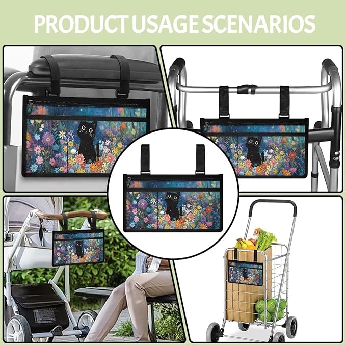 ZOUTAIRONG Black Cat Floral Wolf Wheelchair Side Bag, Wheelchair Armrest Pouch Accessories with Cup Holder, Storage Bag for Walker, Rollator