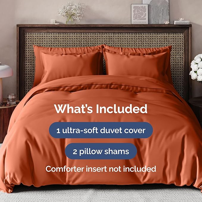 Duvet Cover Cal King Size Set - Extra Soft Cal King Size Duvet Cover 104 x 98 with 2 Pillow Shams - Hotel Luxury Easy Care and Fade Free w/Zipper Closures & Ties - Breathable Bedding Set (Terracotta)