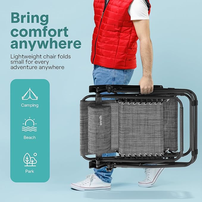 SereneLife Outdoor Zero Gravity Lounge Chair Set with Table – 2 Adjustable Recliners with Cup Holders, Headrest, Steel Frame & Foldable Design for Patio, Pool, Garden, or Camping