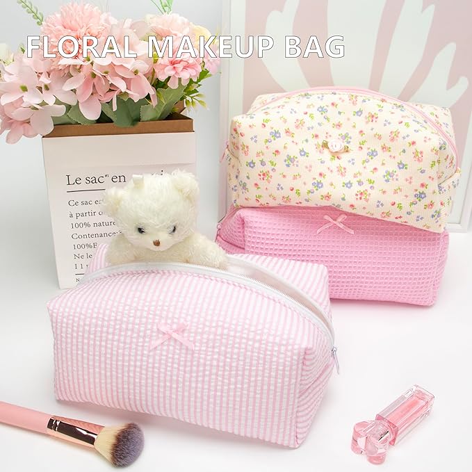 Cozy Makeup Bag Travel Cosmetic Bag for Women Soft Toiletry Bag Aesthetic Makeup Organizer Portable Large Zipper Pouch for Skincare Beauty Accessories Brushes Stripe Pink