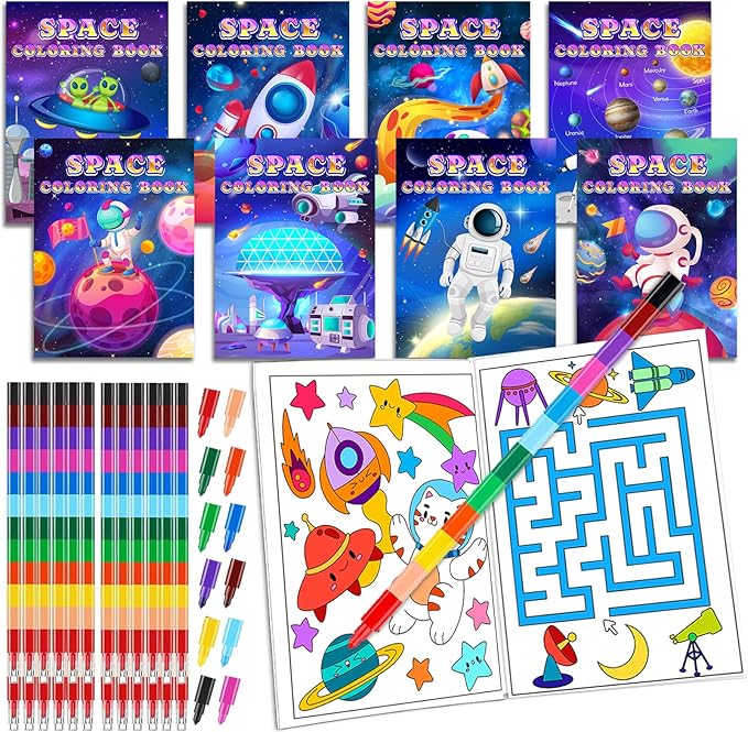 24Pcs Outer Space Coloring Books for Kids with 24 Stacking Crayons Mini Coloring Book Party Favors Bulk Gifts Alien Astronaut Small Activity Books For Birthday Party Goodie Bags Stuffer Classroom