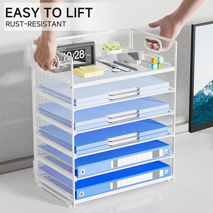 Paper Organizer for Desk with Handle, 6-Tier Metal Mesh File Organizer | Stackable Letter Tray for Office Documents & Stationery Storage
