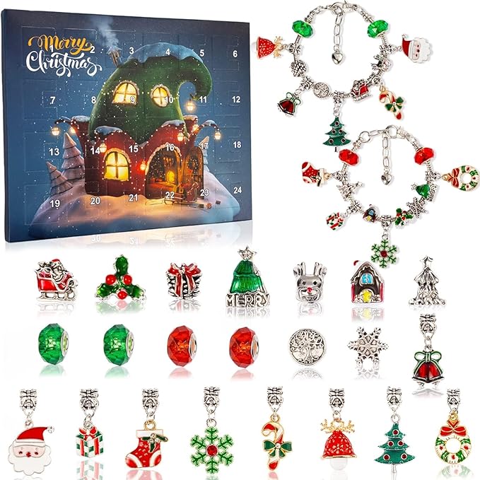 Christmas Advent Calendar Bracelets 2025 for Girls 24 Days Xmas Countdown Calendar DIY Jewelry Making Kit Gift 22 Charm Beads 2 Bracelets for Kids Teens Women