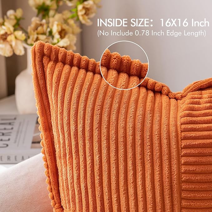 MIULEE Orange Decorative Throw Pillow Covers for Couch Bed Livingroom 16x16 Inch Set of 2 Boho Accent Throw Pllows Broadside Striped Patchwork Soft Corduroy Pillowcases