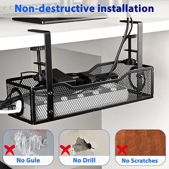 Under Desk Cable Management Tray Small – Clamp-Mounted Wire Organizer & Cord Management Under Desk Holder, No-Drill Metal Cable Tray for Home Office (Black)