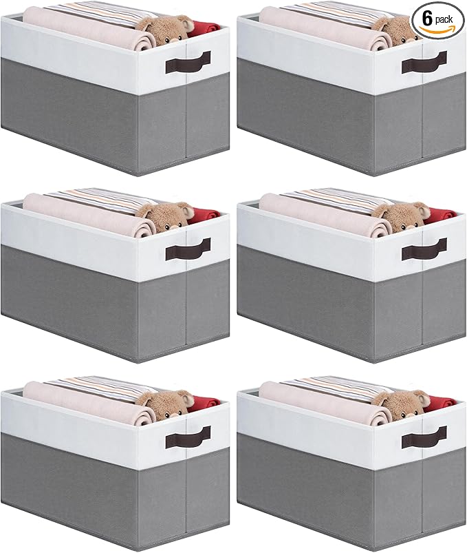 Cupic Cupid Storage Bins Closet, Fabric Closet Organizers and Storage, 6-Pack Baskets for Organizing, Large Storage Boxes with Handles for Clothes and Toys, Gray and White