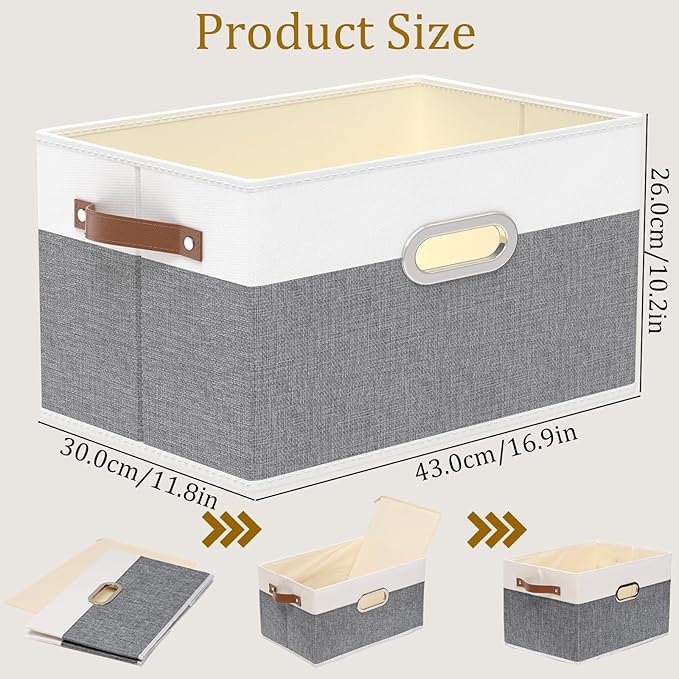 Yawinhe Fabric Storage Bins with Handles, Foldable Baskets for Shelves, Cubes with 3 Handles, Large Boxes for Clothes, White/Grey, 16.9''Lx11.8''Wx10.2''H, 4-Pack