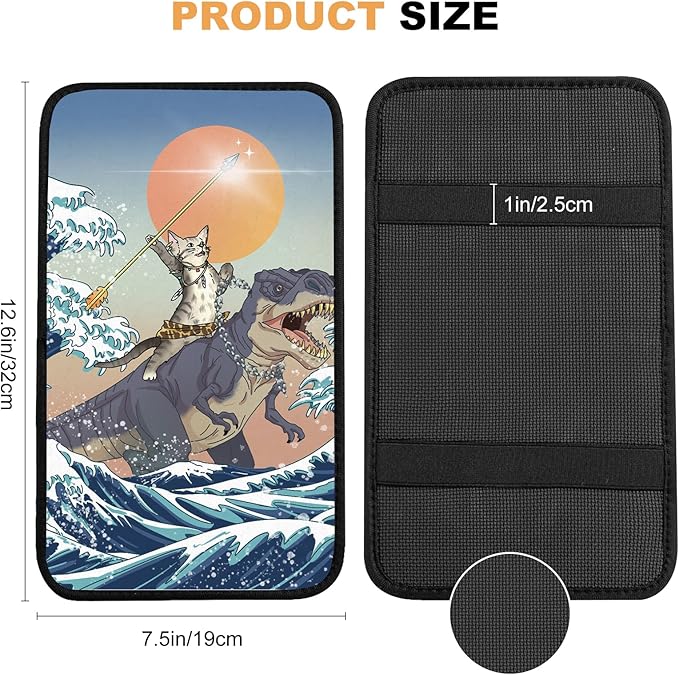 Cat and Dinosaur Car Center Console Cover,Car Armrest Pad Car Armrest Seat Box Cover Protector for Most Vehicle, SUV, Truck, Car