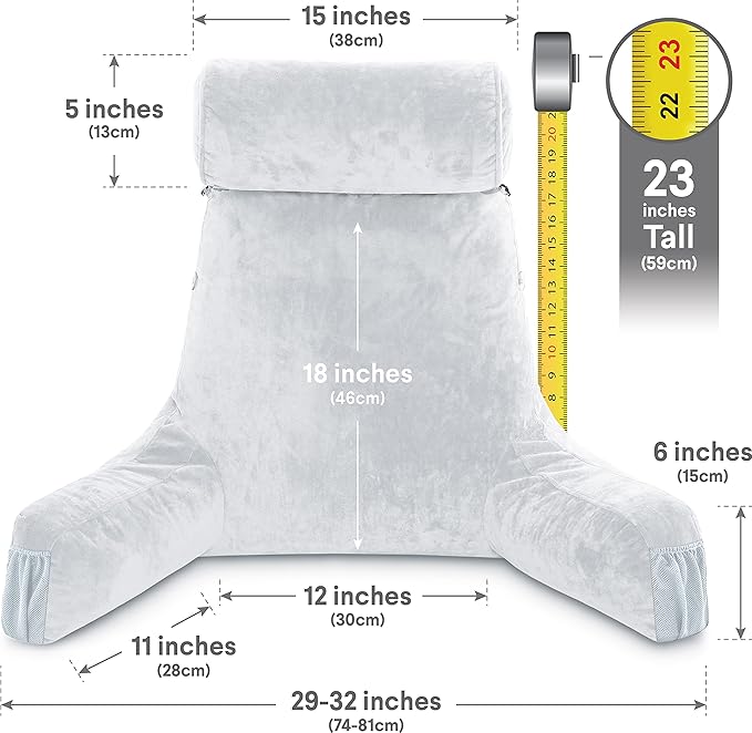Husband Pillow Medium Light Grey, Backrest for Kids, Teens, Petite Adults - Reading Pillows with Arms, Adjustable Loft, Plush Memory Foam, Bed Rest Chair Sitting Up, Detach Neck Roll, Removable Cover
