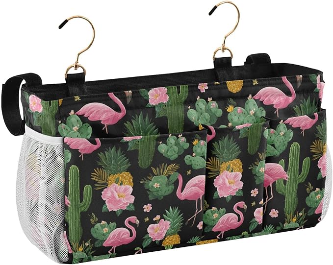 Black Flamingo and Cactus Pineapple Flower Tropical02 Bedside Caddy for Dorm Bed Bedside Hanging Caddy Bag Iron Frame Storage Organizer Pocket for Bunk Home College Hospital Beds 2 Hooks