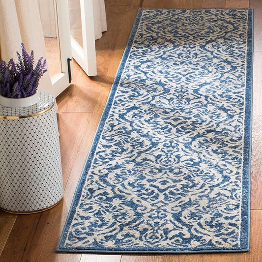 SAFAVIEH Brentwood Collection 2' x 10' Navy / Cream BNT810N Damask Non-Shedding Living Room Entryway Foyer Hallway Bedroom Runner Rug