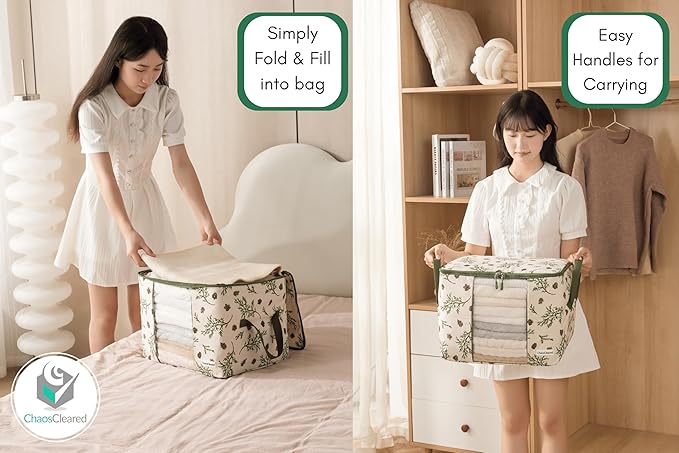 Canvas Storage Bags Designer Organizer 2 Pack – Seasonal Storage for Sweaters, Blankets, Linens & Garments – Foldable Design with Zip & Window, Moth-Proof Space Saver, Mistletoe Print