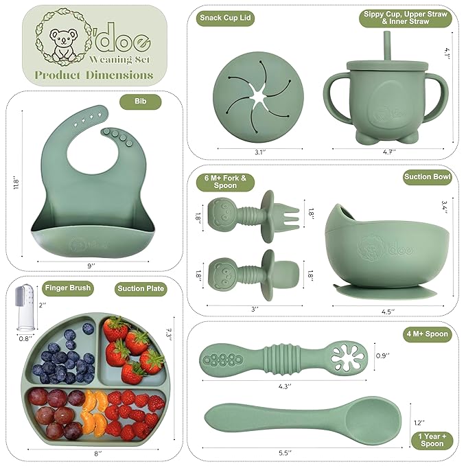 O'doe 11-Piece BPA-Free Silicone Baby Feeding Set | Thick & Soft Suction Plates, Baby Bowls, Wooden Fork & Spoon, and More | Make Mealtime Fun and Easy for Your Little One (Green, V1)