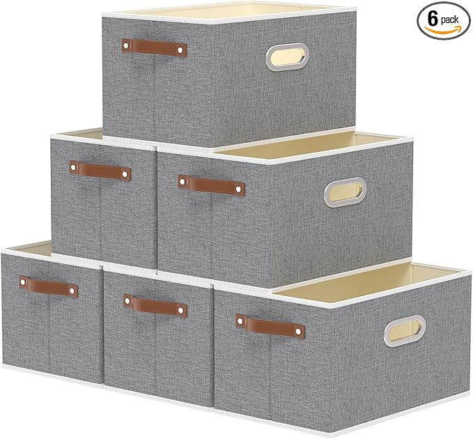 Yawinhe Fabric Storage Bins with Handles, Foldable Baskets for Shelves, Cubes with 3 Handles, Large Boxes for Clothes, Grey, 16.9''Lx11.8''Wx10.2''H, 6-Pack