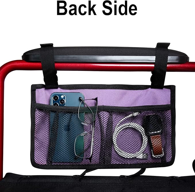 Wheelchair Side Bag, Armrest Storage Pouch with Cup Holder and Reflective Strip Use of Waterproof Fabric, for Most Wheelchairs, Walkers or Rollators (Purple)