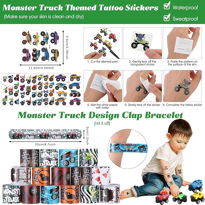 HyDren 171 Pcs Truck Party Favors Included Gift Cup Straw Keychain Slap Bracelet Mini Truck Puzzle Sticker Stamper Card Tattoo Sticker Shovel Sticker Tag Cable Tie for Birthday Gift Prize