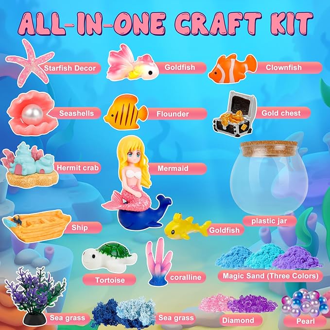Light Up Mermaid Terrarium Kit for Kids, DIY Mermaid Toys Craft Kits for Kids, LED Night Light with Remote for Girls Ages 4-12 Year Old, 4 Light Modes, DIY Arts & Crafts Gift for Girls