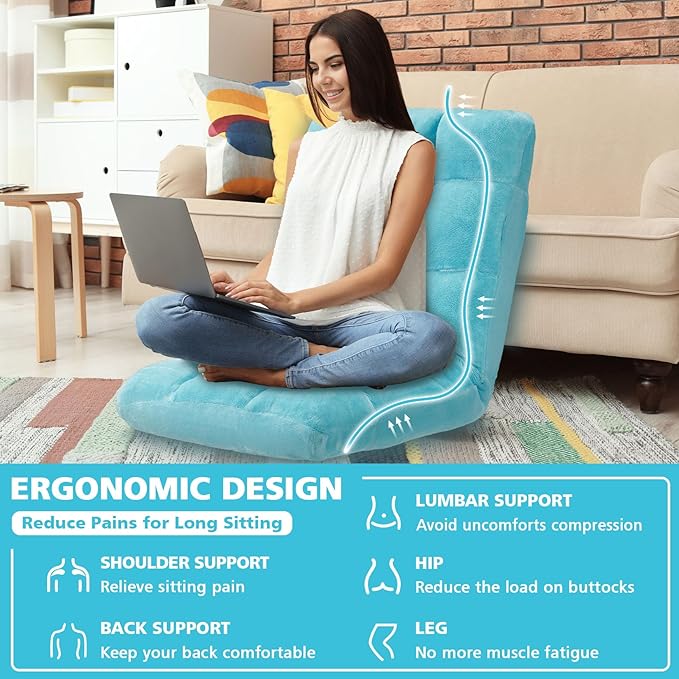 Folding Floor Chair 14-Position Cushioned Adjustable Floor Lazy Sofa Chair w/Breathable Cotton & Skin-Friendly Flannel for Adults & Kids Ideal for Reading Meditating, Blue