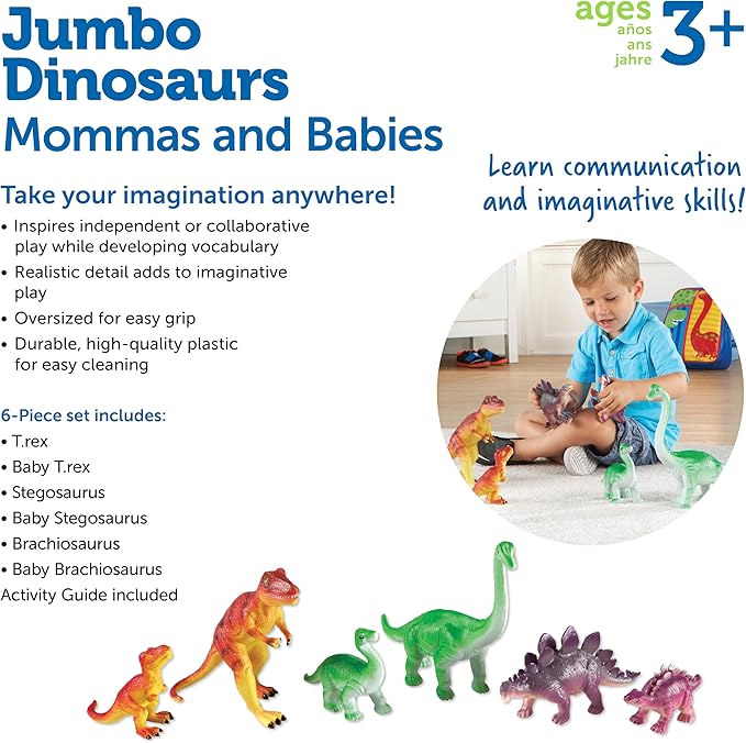 Learning Resources Jumbo Dinosaurs I Mommas and Babies I T-Rex, Stegosaurus, and Brachiosaurus, 6 Animals, multi-color