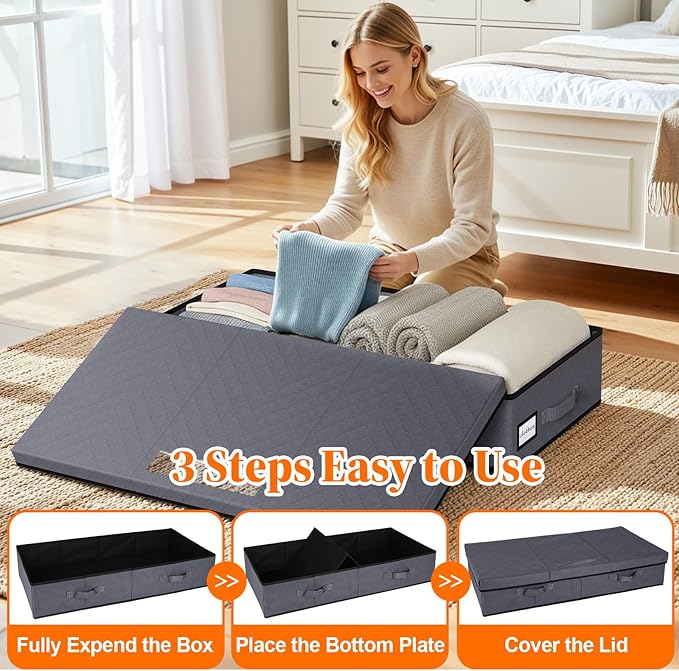 Under Bed Storage Containers with Lids - 3 Pack, Foldable and Stackable Clothes Storage Bags with Clear Window, 3-Sided Handles and Label Slot for Clothing, Blankets, Pillows (Grey)