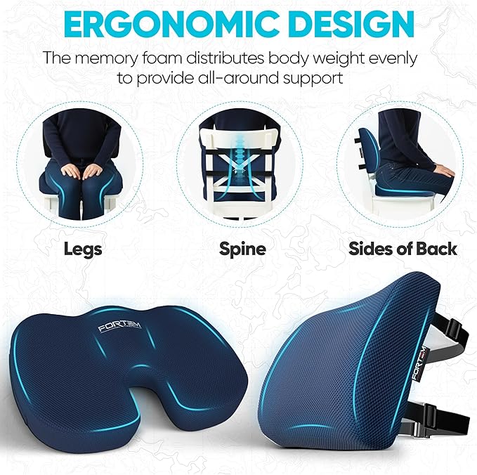 FORTEM Seat Cushion, Office Chair Cushion, Lumbar Support Pillow for Office Chair, Memory Foam Sciatica Coccyx Tailbone Pressure Pain Relief, Car Sitting Pad, Washable Non Slip