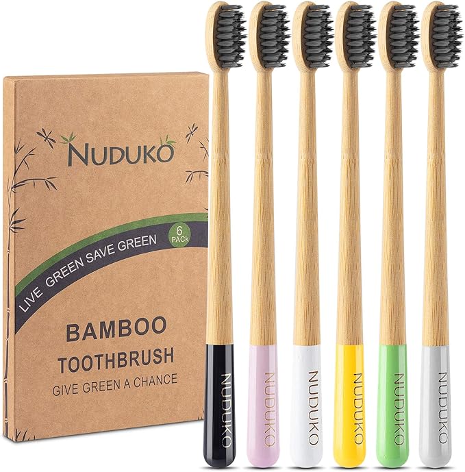 Biodegradable Bamboo Toothbrush, Natural Charcoal toothbrushes Soft Bristle Toothbrush Eco-Friendly Sustainable Toothbrush BPA Free Organic Compostable Travel Toothbrushes Wooden toothbrushes, 6 Pack