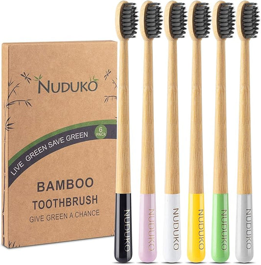 Biodegradable Bamboo Toothbrush, Natural Charcoal toothbrushes Soft Bristle Toothbrush Eco-Friendly Sustainable Toothbrush BPA Free Organic Compostable Travel Toothbrushes Wooden toothbrushes, 6 Pack