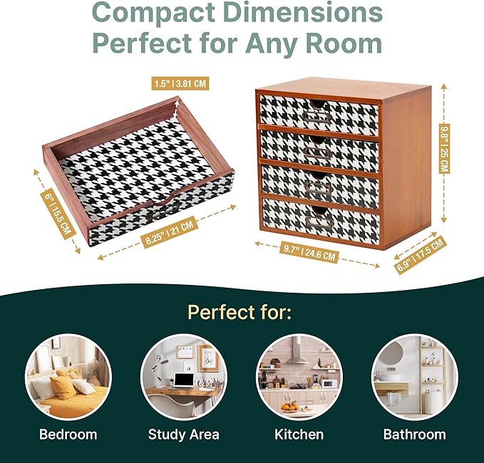 Houndstooth Pattern Wooden Desk Organizer - 4-Drawer Desktop Storage - Modern & Rustic Wood Cabinet for Office Supplies, Craft Tools, & Home Organization - Elegant Drawer Unit