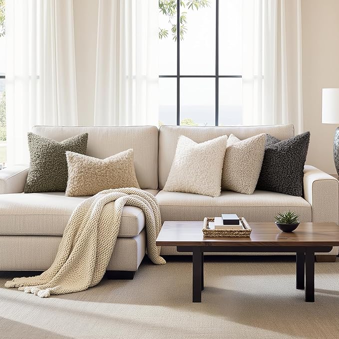 Woaboy Faux Fur Throw Pillow Covers 24x24 Inch Set of 2 Euro Boucle Neutral Decorative Sherpa Fuzzy Accent Sheepskin Fleece Cushions Modern Christmas Home Decor for Couch Sofa Bed Livingroom,Beige