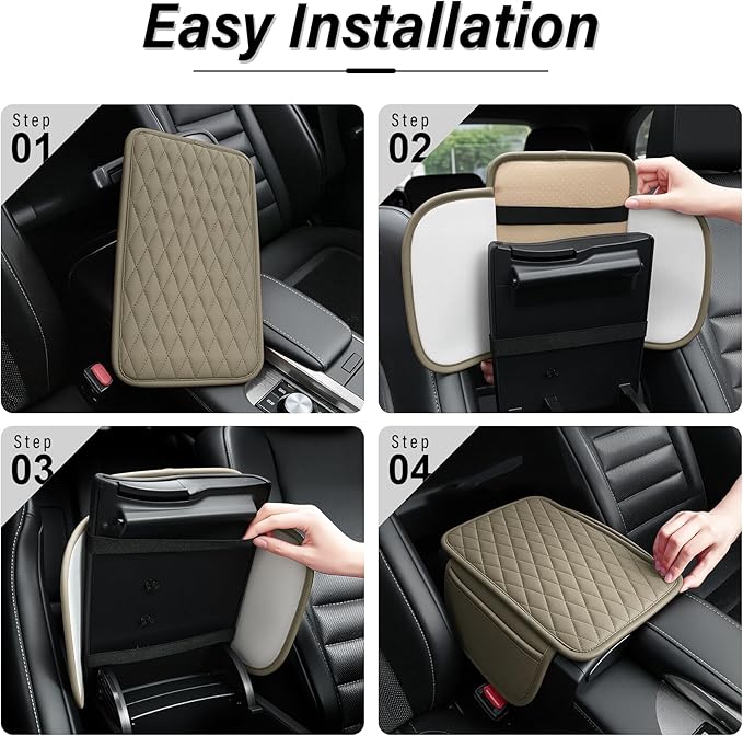 Amiss Car Center Console Cover, Upgraded Leather Car Armrest Cushion with 2 Storage Pockets, Universal Waterproof Cushion Pad, Non-Slip Car Interior Accessories, Fits Most Sedans SUVs Trucks (Beige)