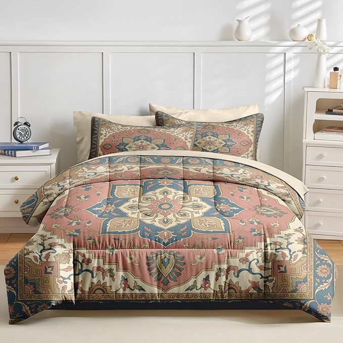 Comforter Set King Size, Medallion Floral 7 Pcs Bedding for Kids and Adults, Bohemian Blush Bed Sheet Sets with Fitted Sheet 2 Pillowcases & 2 Shams for Bedroom Bed Decor