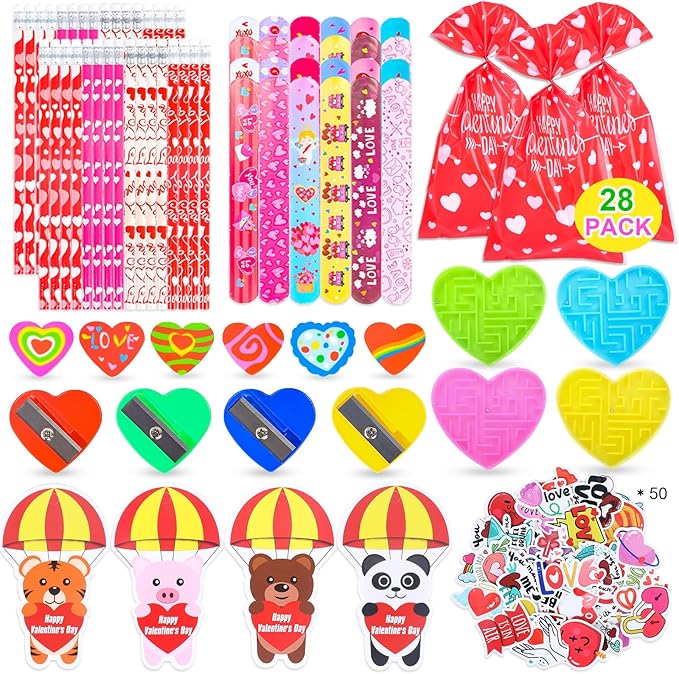 28 Pack Valentines Day Gifts for Kids Classroom, 222 PCS Valentines Exchange Party Favors Toys with Pencils, Erasers, Stickers, Cards, Slap Bracelets, Mazes, Assorted Valentines Stationery Kit