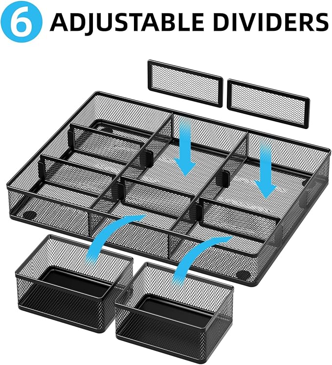 Marbrasse 3 Packs Desk Drawer Organizers, Metal Mesh Dividers Desk Drawer Organizer Tray with 9 Adjustable Compartments, Pen Organizer for Drawer Tray Box Accessories for Desktop,Kitchen, Makeup
