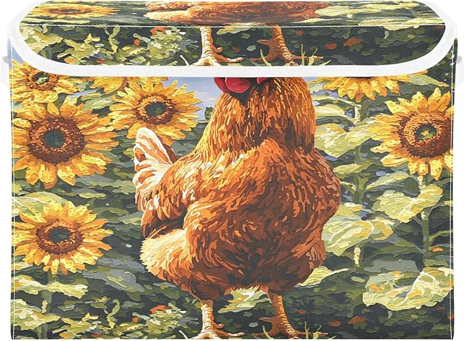 senya Large Storage Bins with Linen Collapsible Foldable Storage Cubes Fabric Closet Organizer Containers box with Flip-Top Lid for Home Bedroom Office 16.7 x 12.6 x 11.8in (Chicken Pattern)