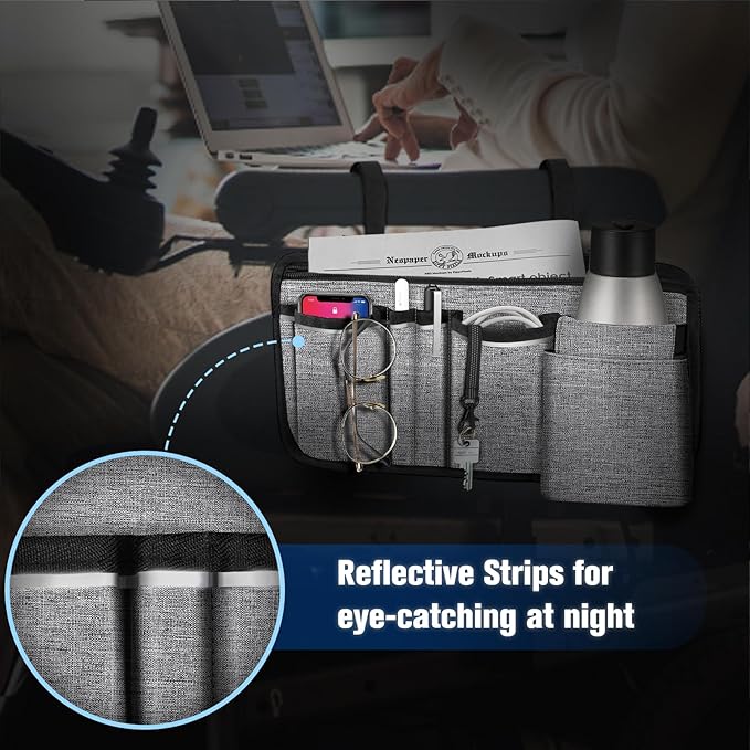 FINPAC Wheelchair Side Storage Bag w/Cup Holder, Wheelchair Armrest Accessories Pouch with Pen Slot and Reflective Strips for Power Walkers, Rollators, Seniors - Gray