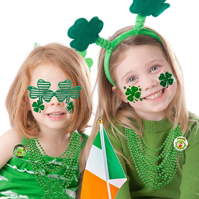 Garma 238 PCS St Patricks Day Decorations Set Glasses Bracelets Coins Necklaces Flags Tattoos Brooches Fake Beards Party Blowers Hand Clappers Saint Patricks Day Party Favors Accessories Supplies