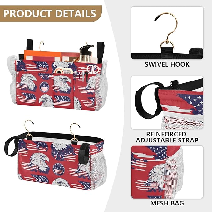 American Flag Bald Eagle Red Bedside Caddy for Dorm Bed Bedside Hanging Caddy Bag Iron Frame Storage Organizer Pocket for Bunk Home College Hospital Beds 2 Hooks