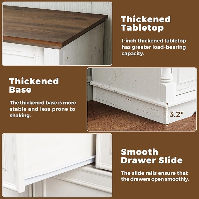 Fkhouse 52" Farmhouse 7 Drawer Dresser for Bedroom,Tall Wide Wood Country Rustic Chest of Drawers,Column Decor,Retro Handle,Natural Texture,Wood Vintage TV Stand,Antique White